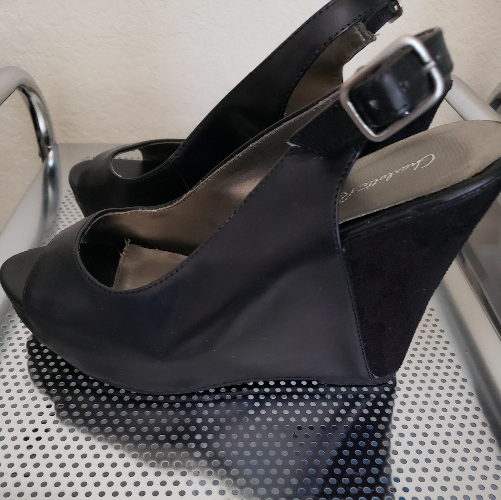 Peep toe sling back wedge